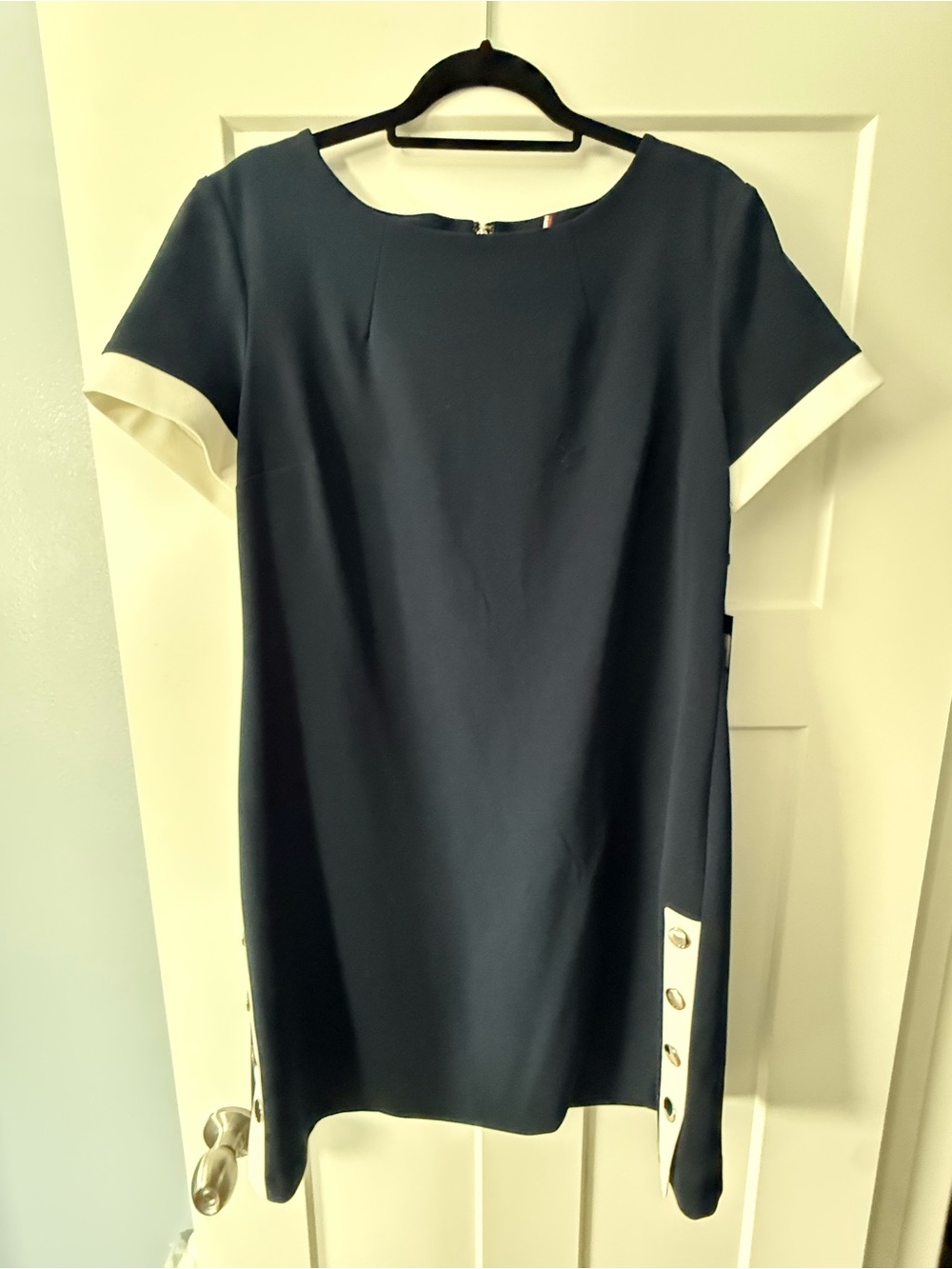 Classic Navy Shift Dress with Ivory Trim
